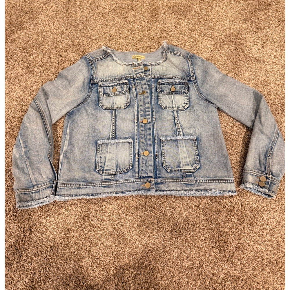 Democracy Womens XL Light Wash Distressed Frayed Collarless Denim Jacket (728)